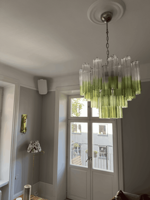 Medium Tubular Murano chandelier with green & transparent prisms – Mid-Century style