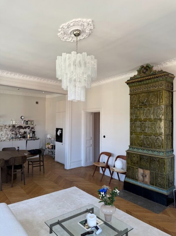 Alabaster Murano Tubular Chandelier – 48 Glass Prisms — handblown Murano glass, made to order in Italy