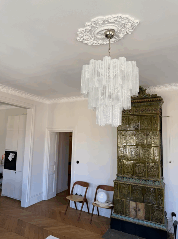 Medium Tubular Murano chandelier with milky swirl glass prisms – Mid-Century style