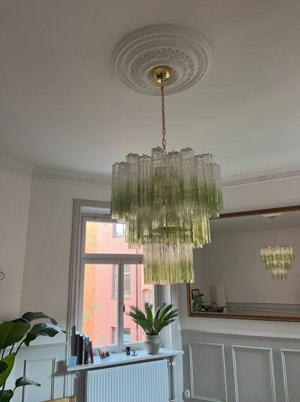 Medium Tubular Murano chandelier with green & transparent prisms – Mid-Century style
