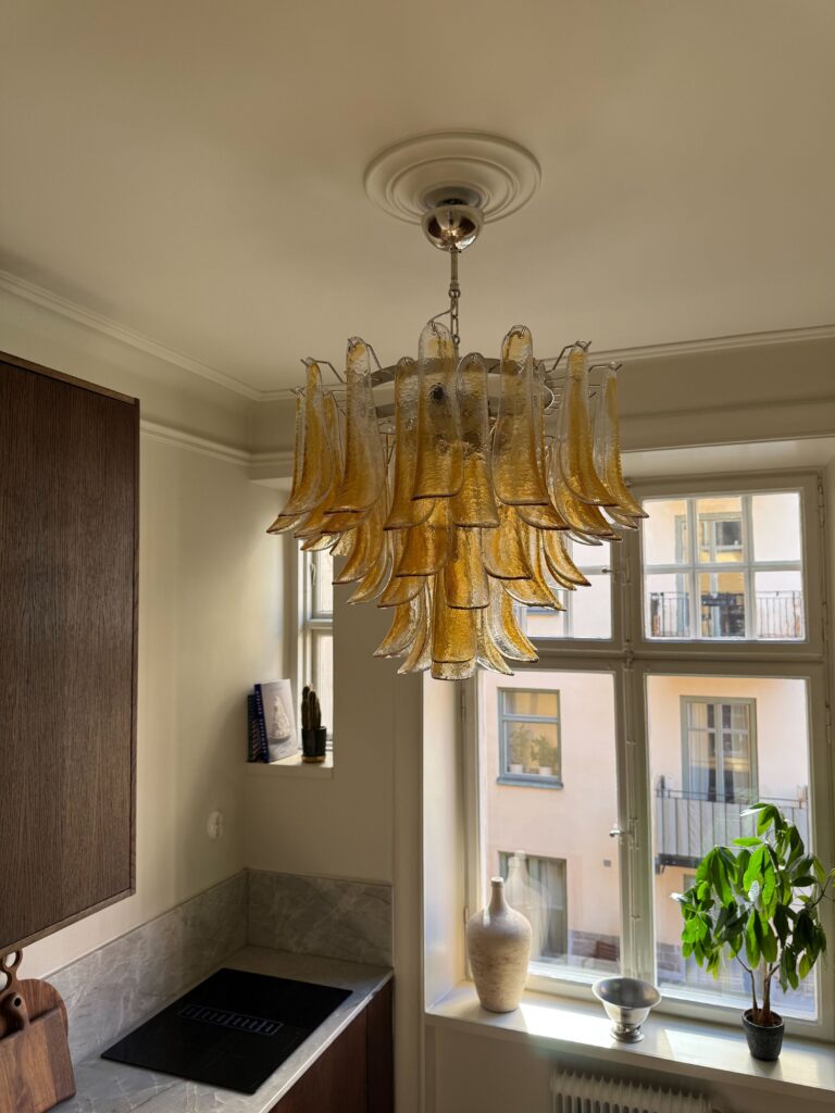 Petal Murano chandelier with Mazzega inspired glass leaves