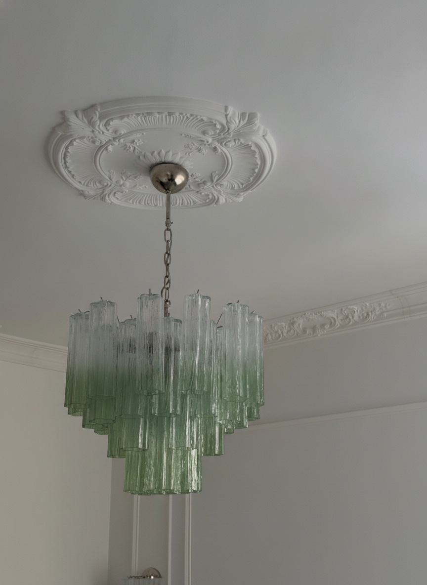 Handblown Murano Tubular Chandelier – 36 Glass Prisms in green transparent glass
