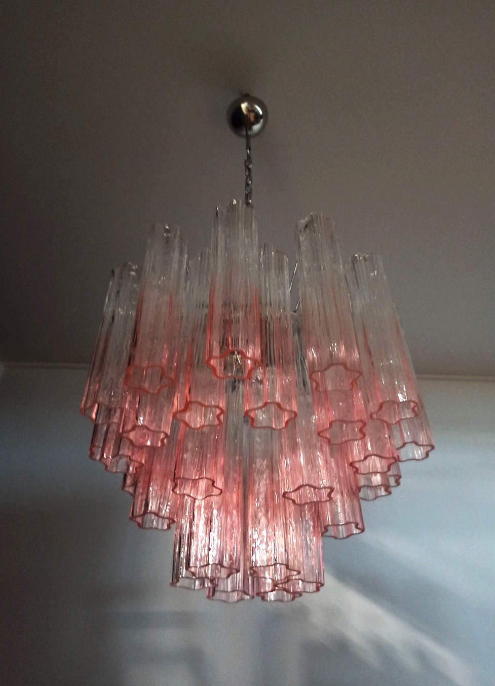Handblown Murano Tubular Chandelier – 36 Glass Prisms in shaded pink glass