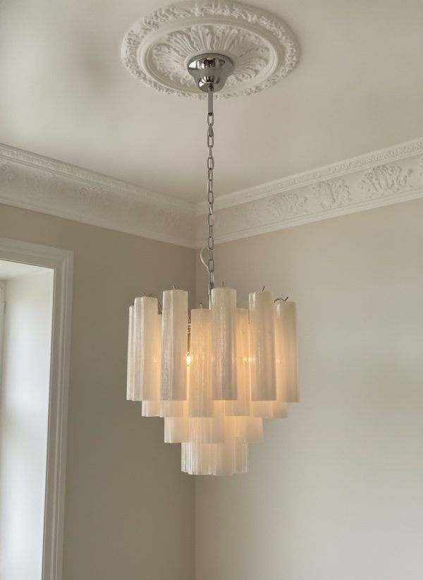 Matte White Murano Tubular Chandelier – 36 Glass Prisms — handblown Murano glass, made to order in Italy