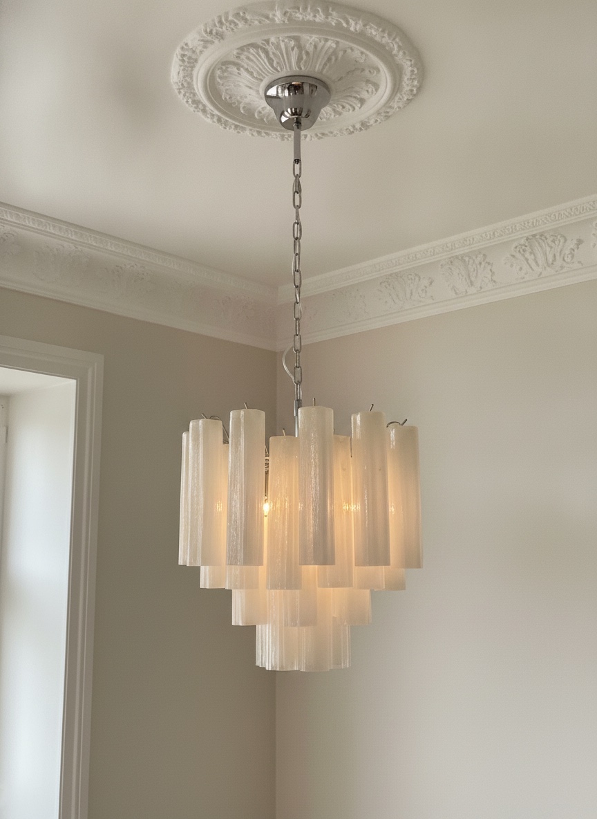 Matte White Murano Tubular Chandelier – 36 Glass Prisms — handblown Murano glass, made to order in Italy
