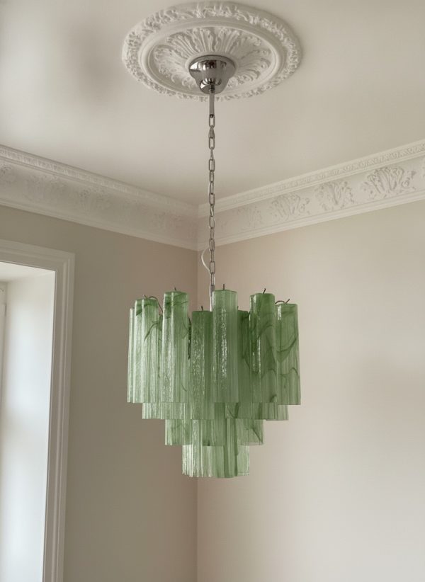 Handblown Murano Tubular Chandelier – 36 Glass Prisms in green glass