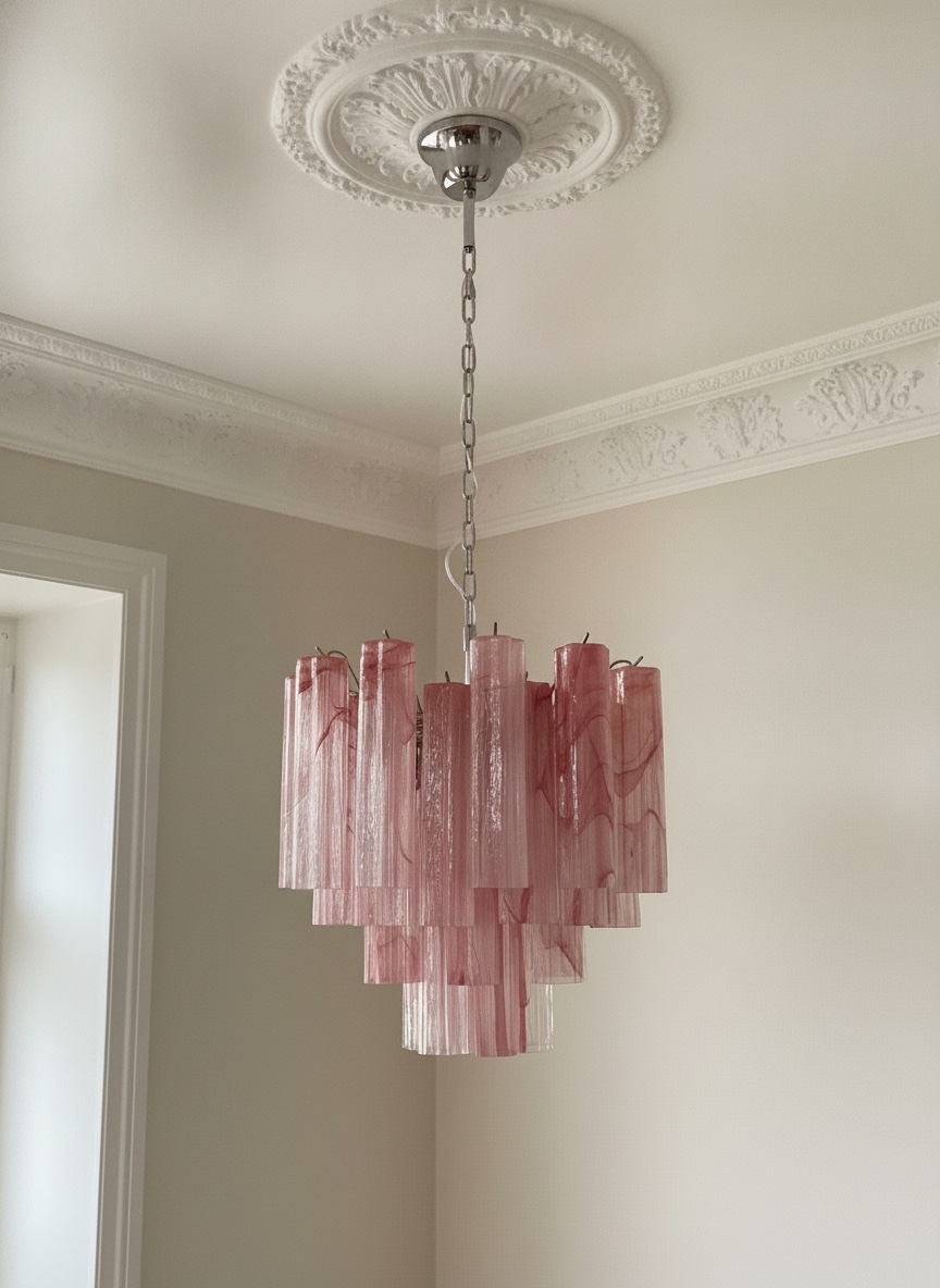 Handblown Murano Tubular Chandelier – 36 Glass Prisms in pink glass