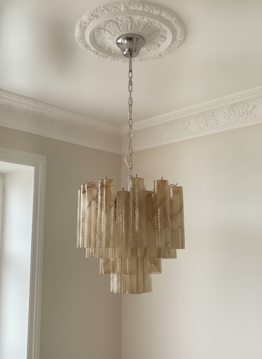 Handblown Murano Tubular Chandelier – 36 Glass Prisms in beige glass