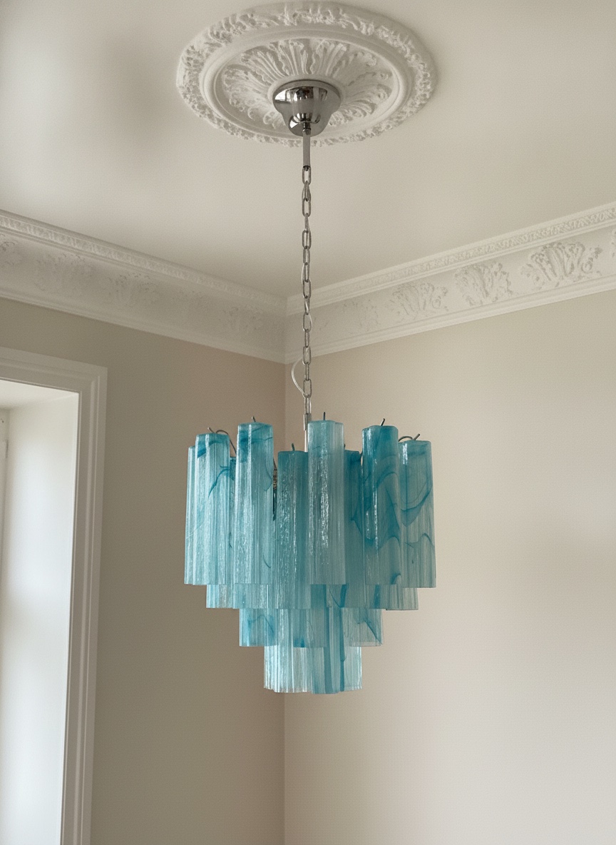 Handblown Murano Tubular Chandelier – 36 Glass Prisms in blue glass