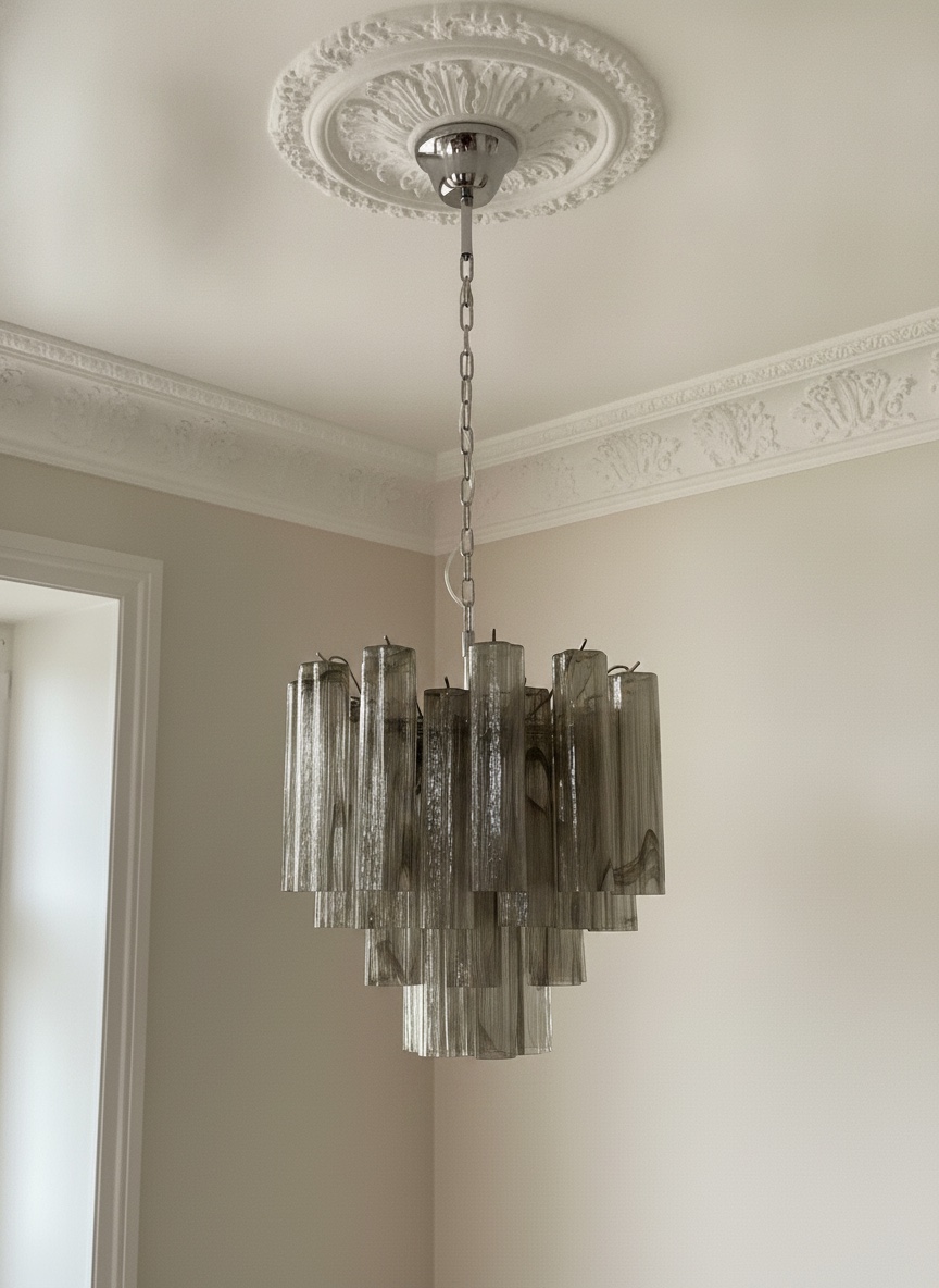 Handblown Murano Tubular Chandelier – 36 Glass Prisms in smoked glass