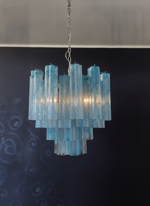 Handblown Murano Tubular Chandelier – 36 Glass Prisms in blue glass