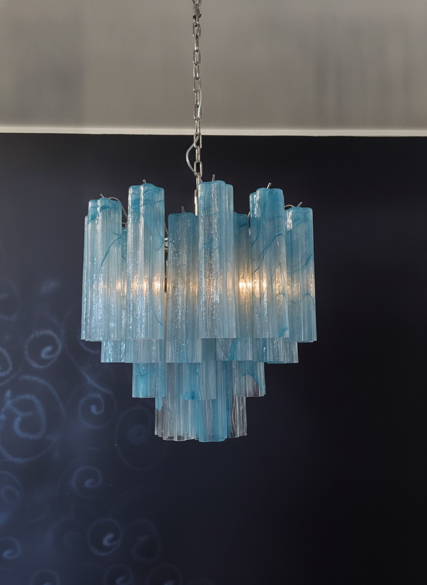 Handblown Murano Tubular Chandelier – 36 Glass Prisms in blue glass