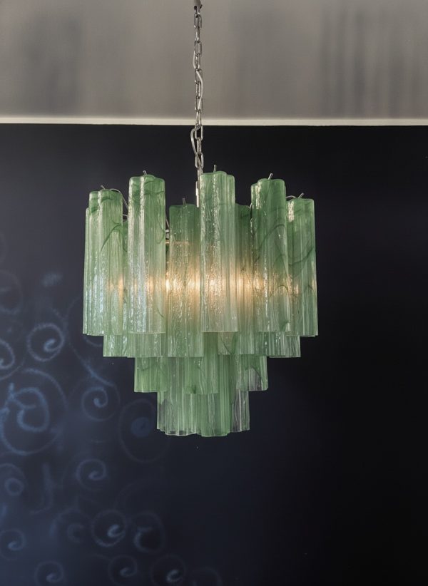 Handblown Murano Tubular Chandelier – 36 Glass Prisms in green glass