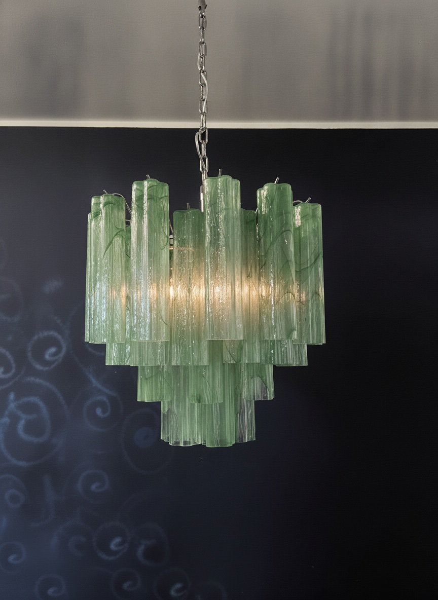 Handblown Murano Tubular Chandelier – 36 Glass Prisms in green glass