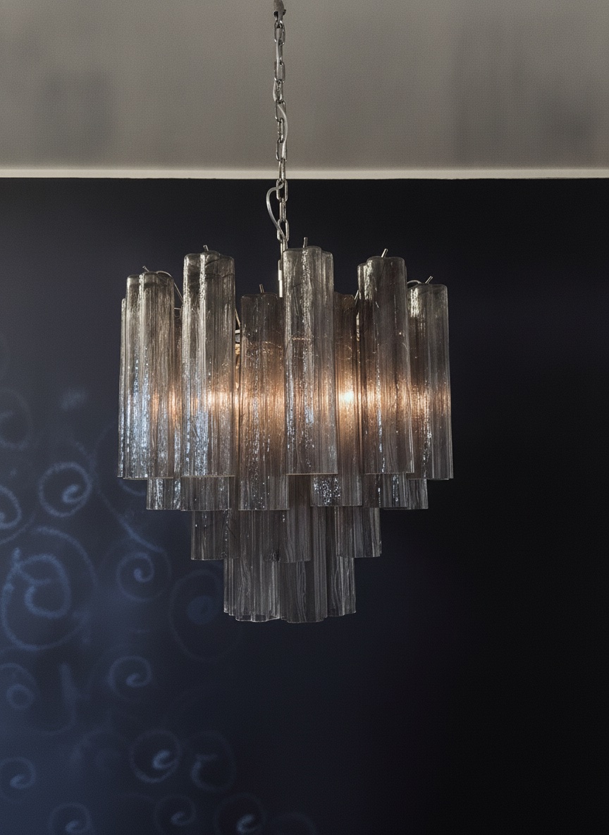 Handblown Murano Tubular Chandelier – 36 Glass Prisms in smoked glass