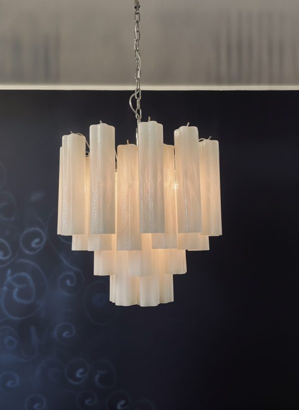 Handblown Murano Tubular Chandelier – 36 Glass Prisms in white glass