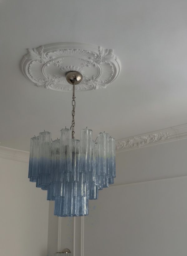 Shaded blue Murano tubular chandelier, blue fading to clear