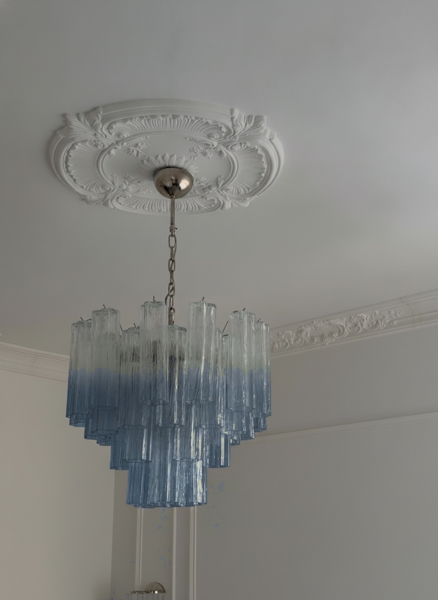 Shaded blue Murano tubular chandelier, blue fading to clear
