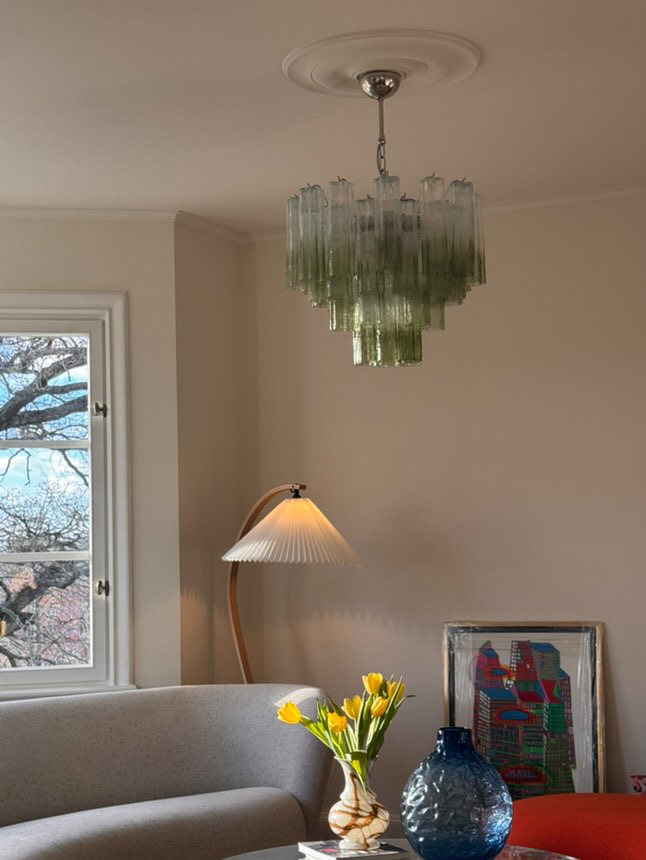Green & Transparent Murano Tubular Chandelier – 36 Glass Prisms — handblown Murano glass, made in Italy