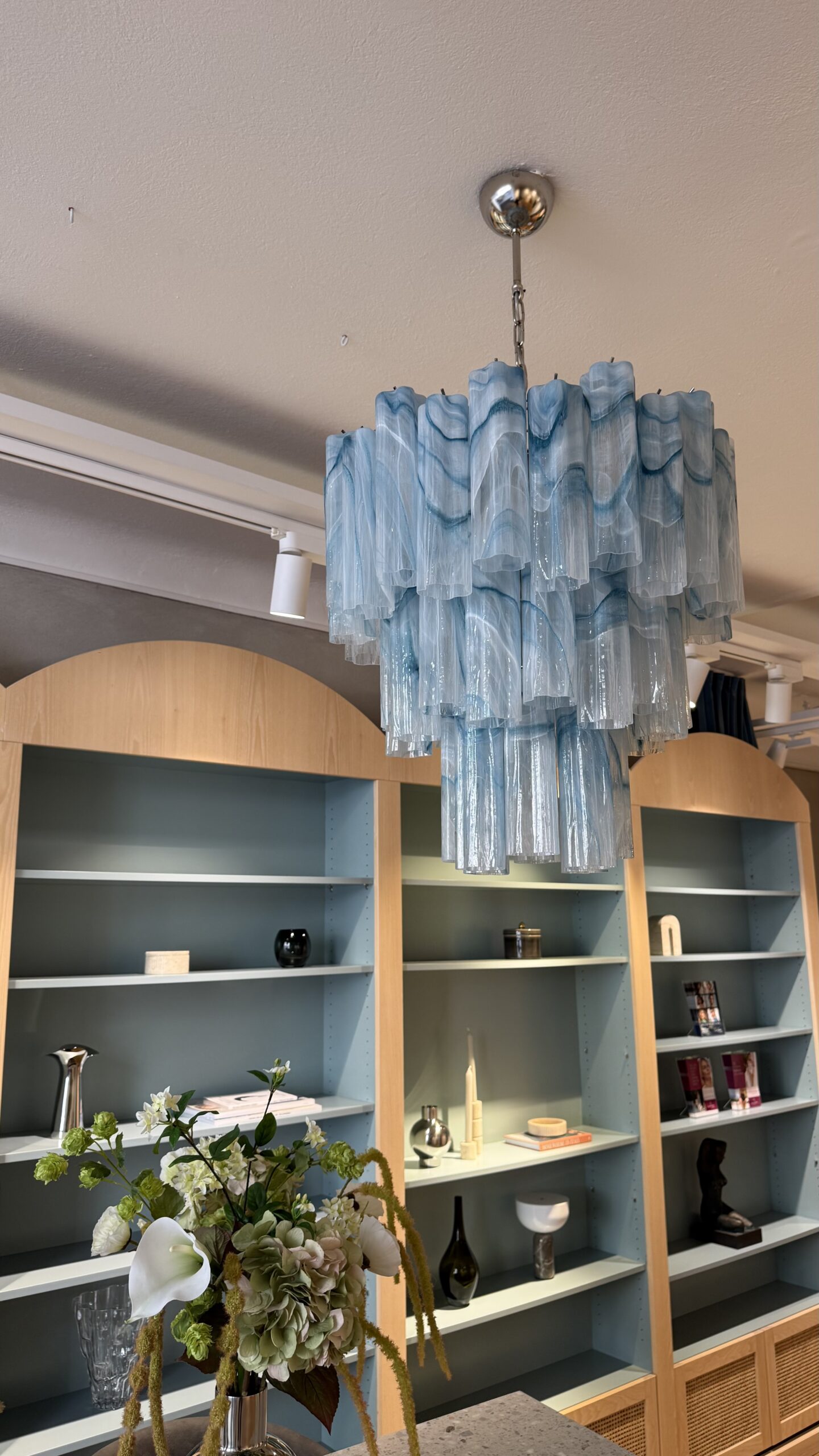 Blue Alabaster Murano Tubular Chandelier – 48 Glass Prisms in handblown Italian glass