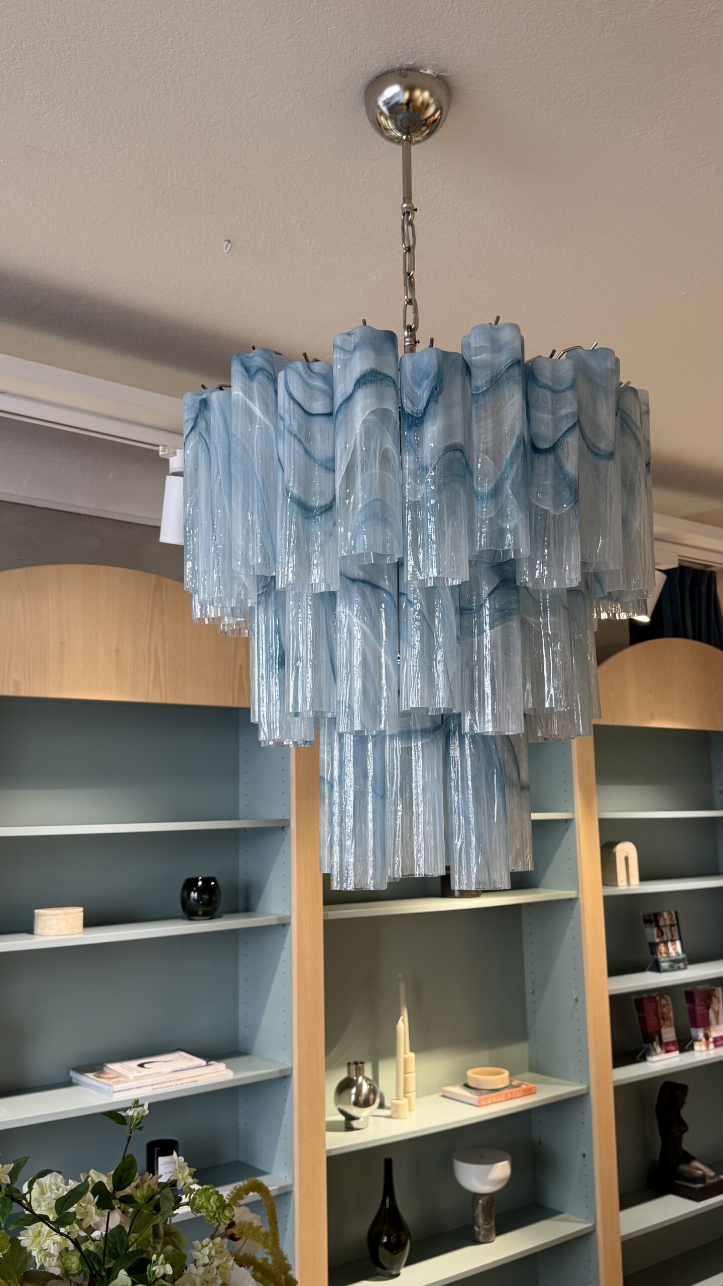 Blue Alabaster Murano Tubular Chandelier – 48 Glass Prisms — additional view