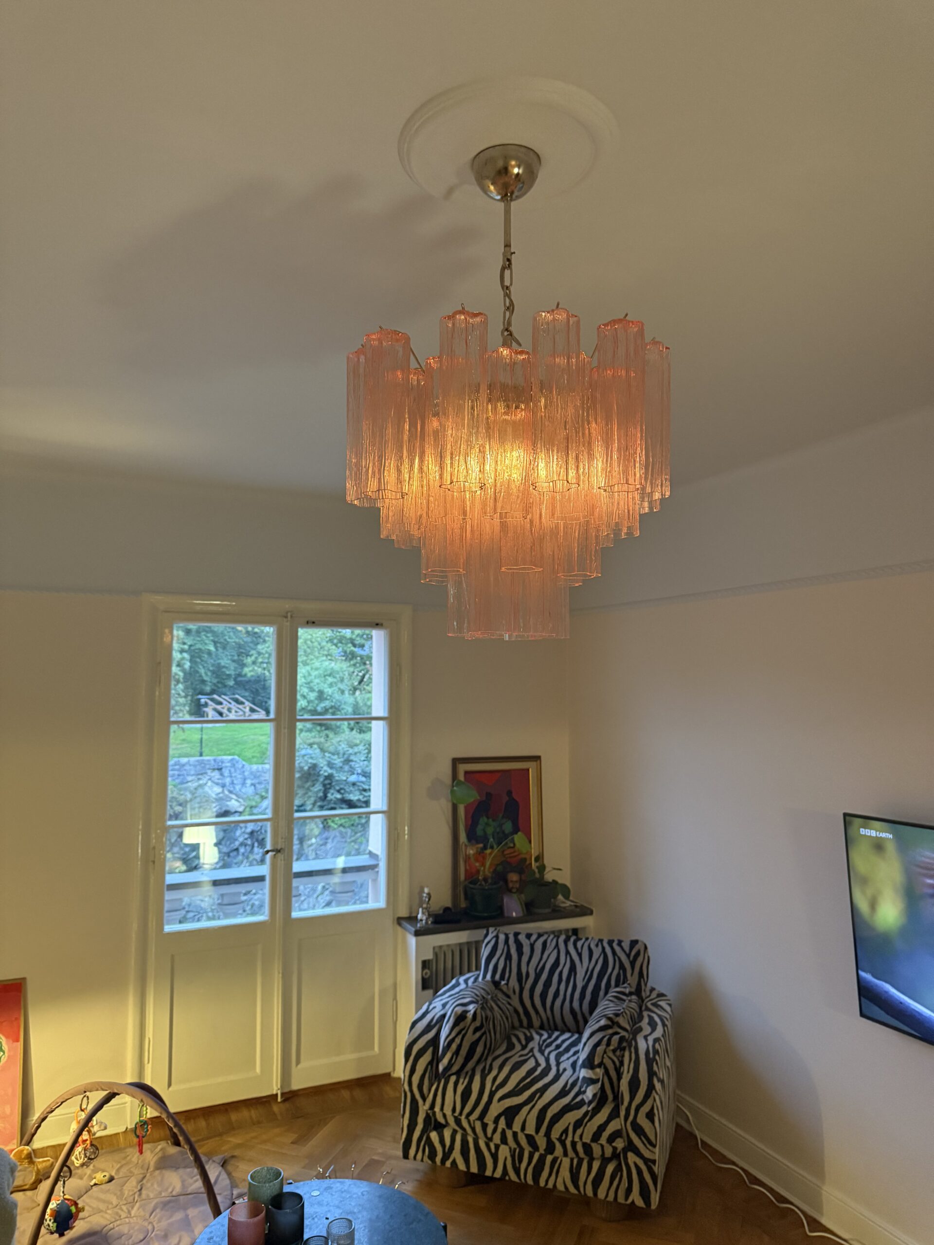 Handblown Pink Murano Tubular Chandelier – 36 Glass Prisms — Murano glass