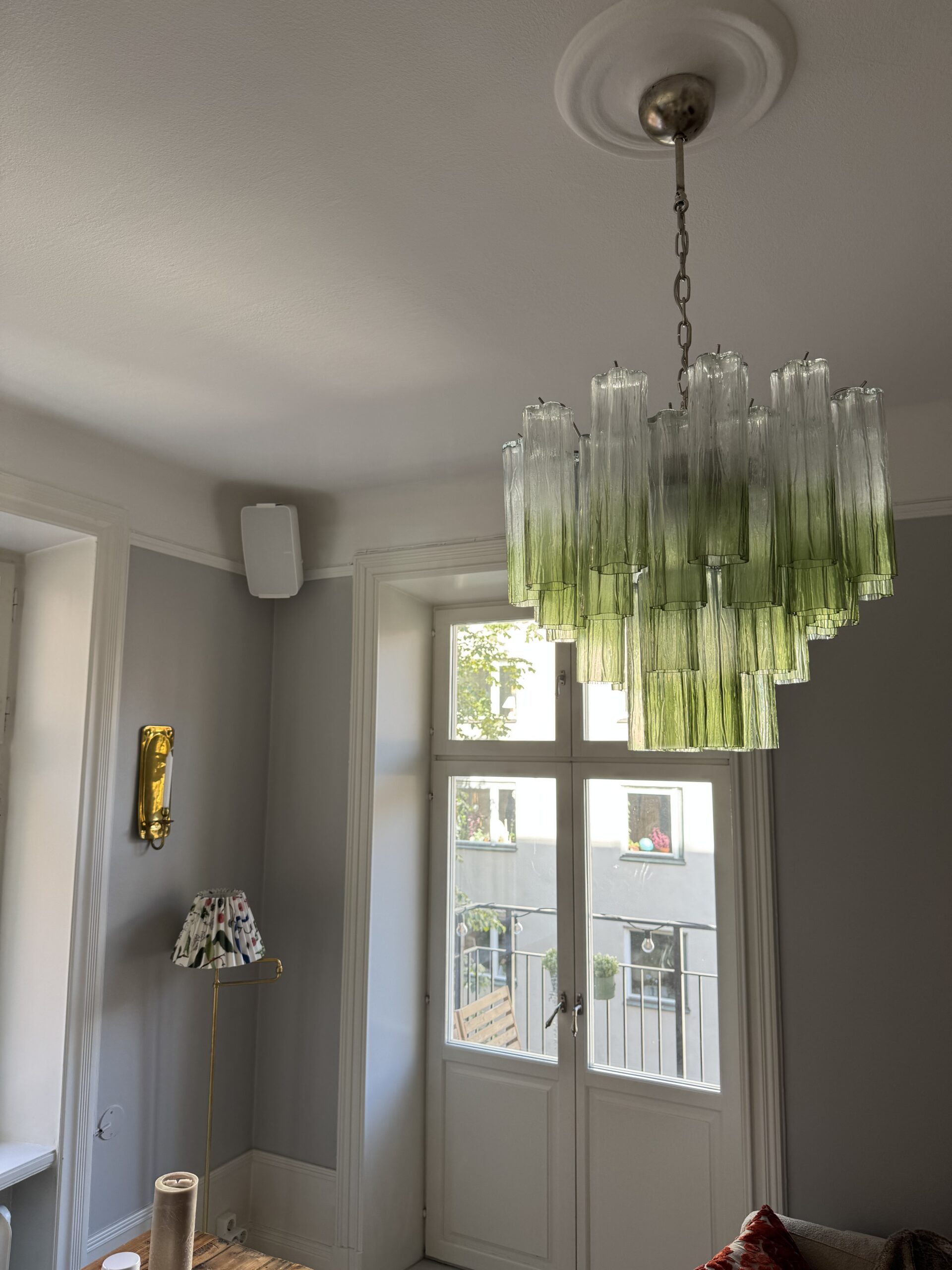 Green & Transparent Murano Tubular Chandelier – 36 Glass Prisms in handblown Italian glass