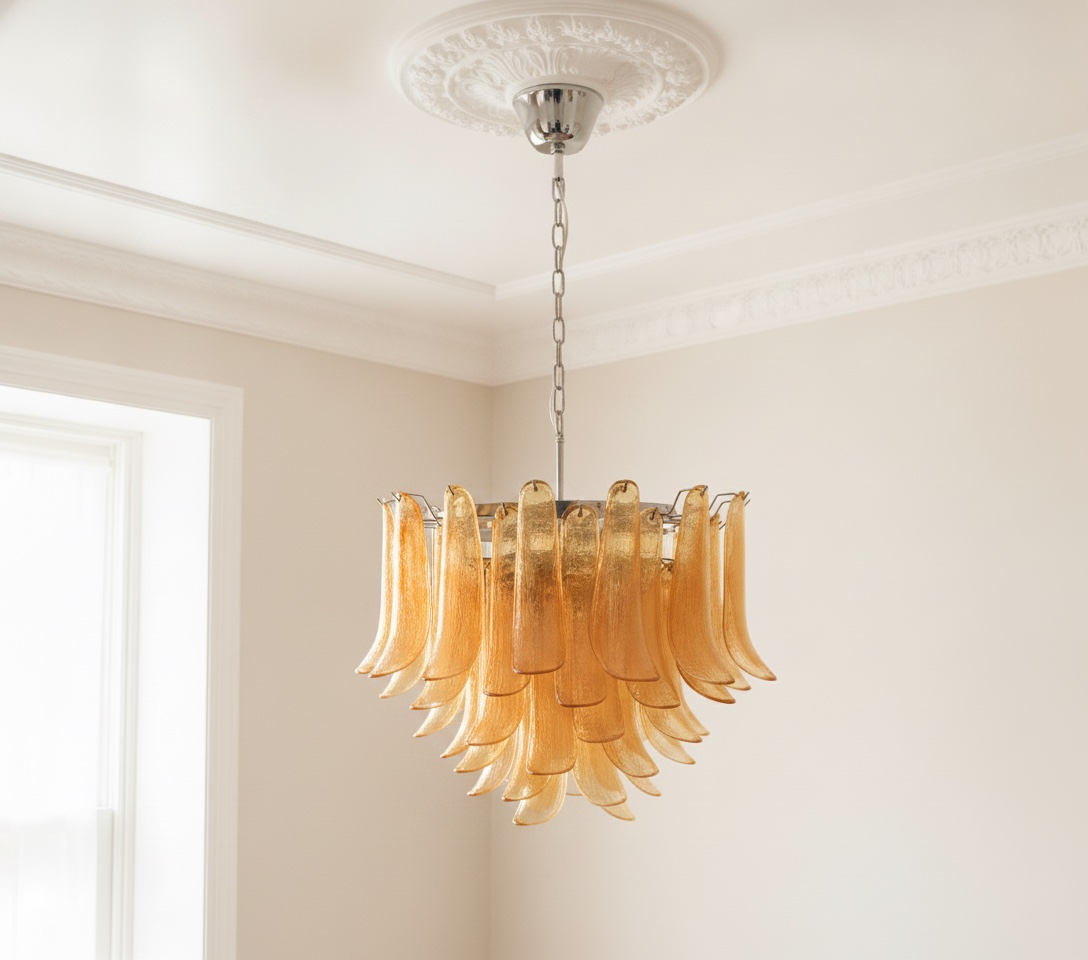 Handblown Amber Murano Petal Chandelier – 53 Glass Petals