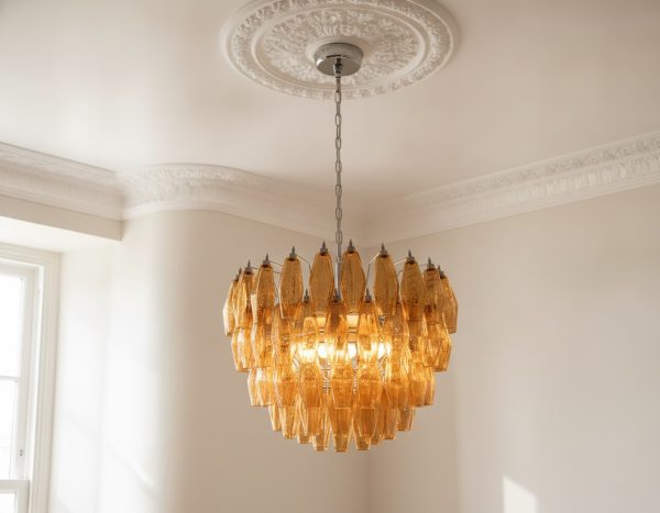 Handblown Amber Murano Poliedri Chandelier – 111 Poliedri Glass