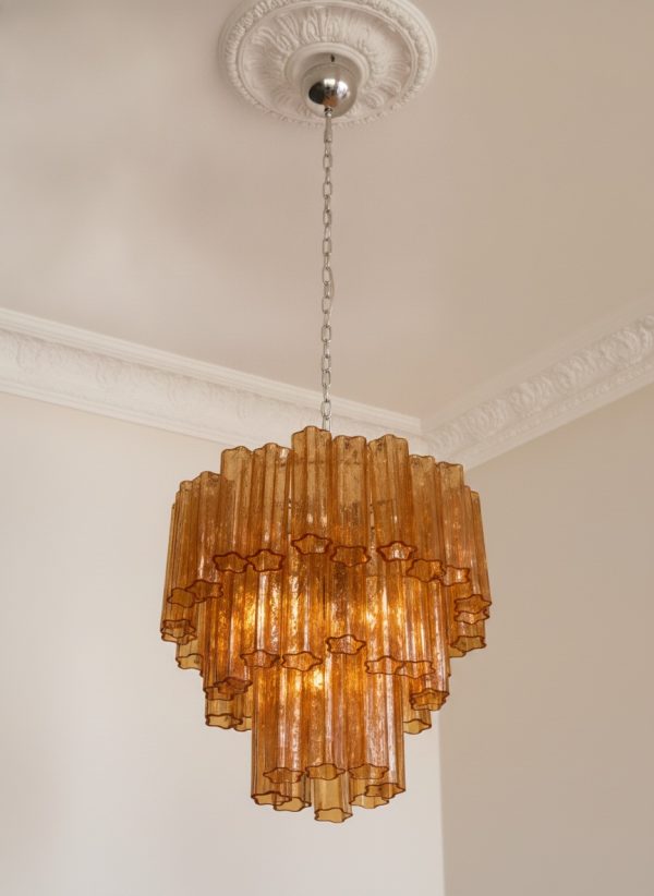 Handblown Amber Murano Tubular Chandelier – 48 Glass Prisms