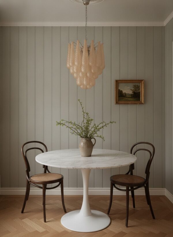 Handblown beige Murano drop chandelier over a dining table