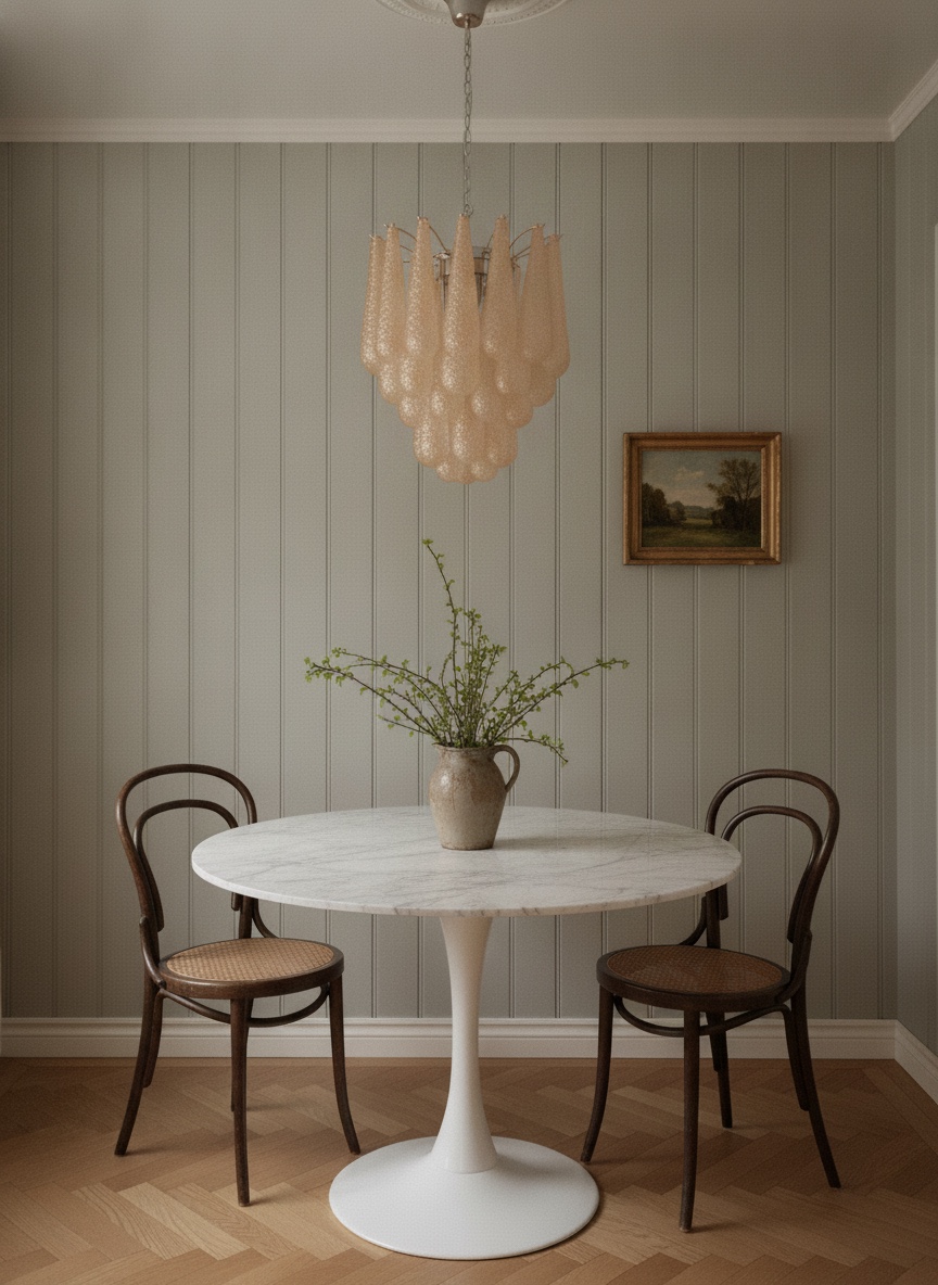 Handblown beige Murano drop chandelier over a dining table