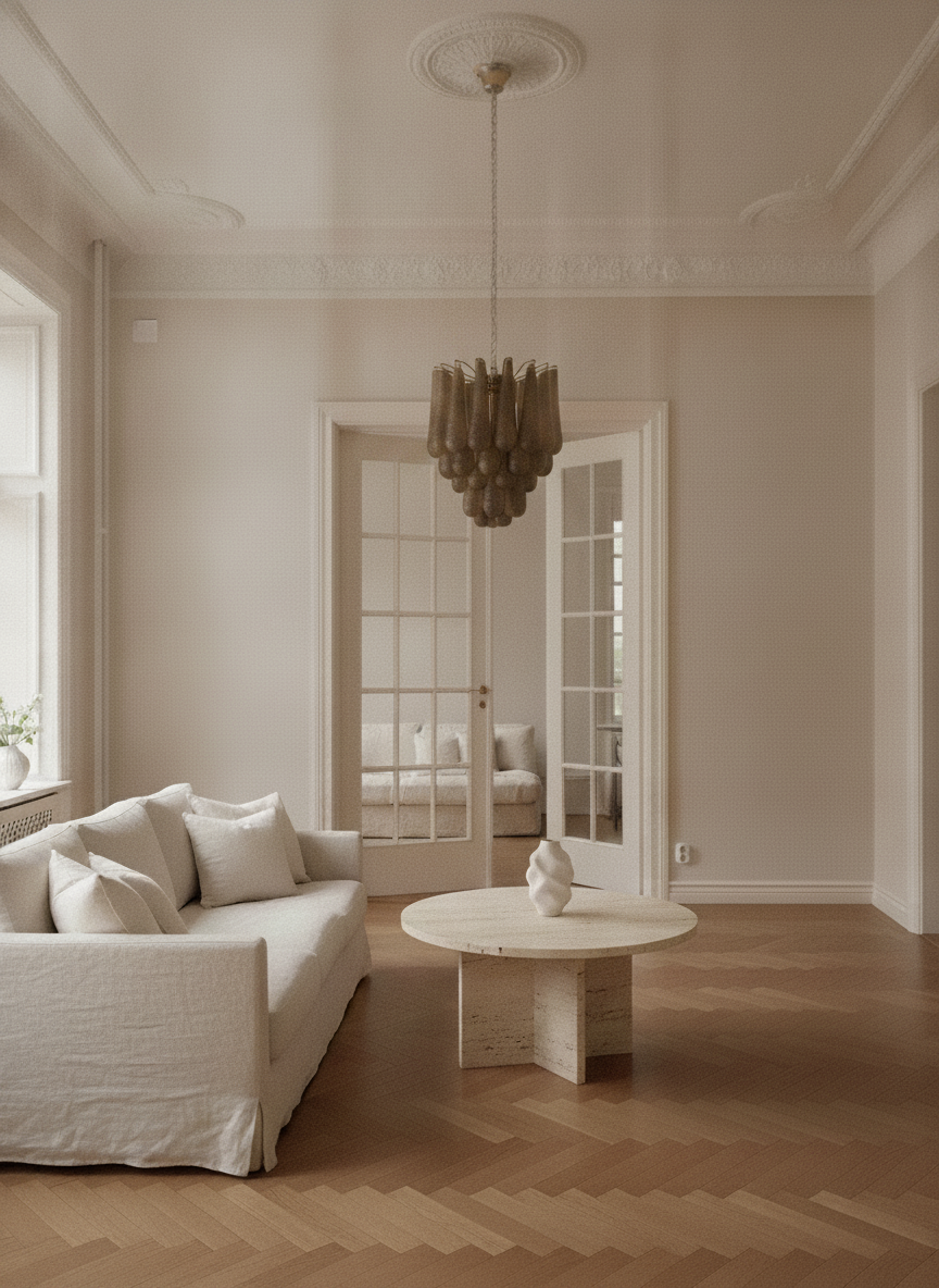 Handblown beige Murano drop chandelier in a Stockholm apartment living room