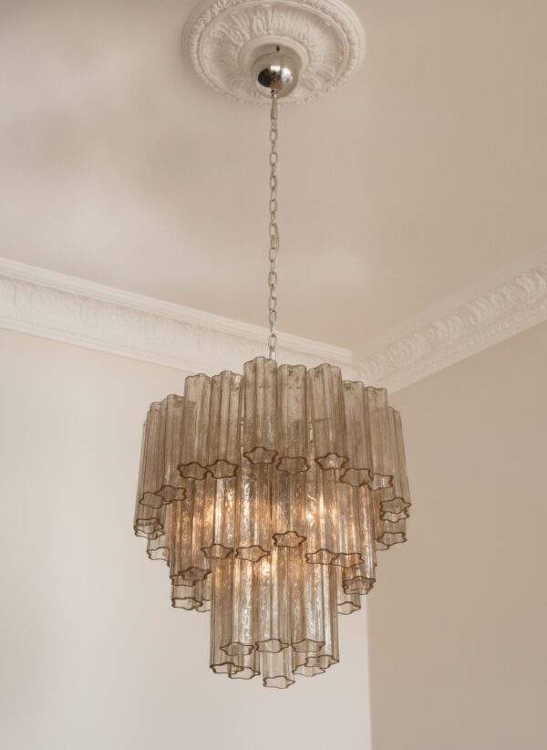 Handblown Beige Murano Tubular Chandelier – 48 Glass Prisms