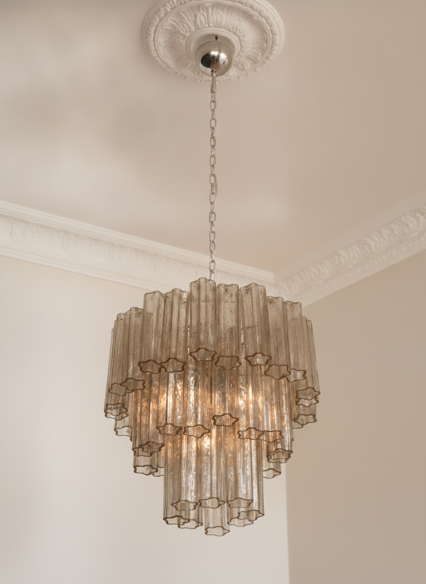 Handblown Beige Murano Tubular Chandelier – 48 Glass Prisms