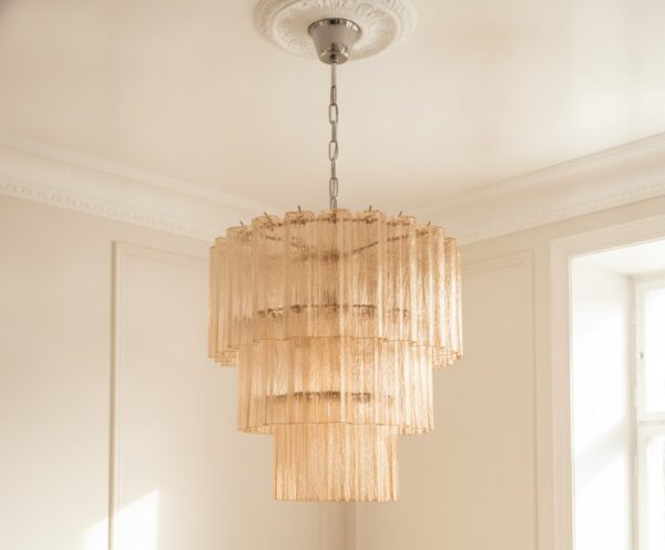 Beige Murano Tubular Chandelier – 52 Glass Prisms — handblown Murano glass, made to order in Italy