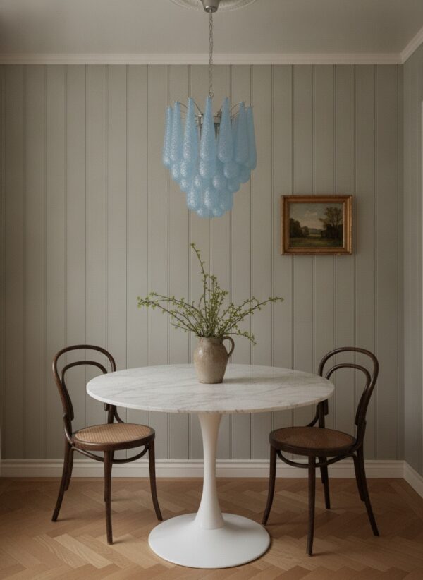 Handblown blue Murano drop chandelier over a dining table