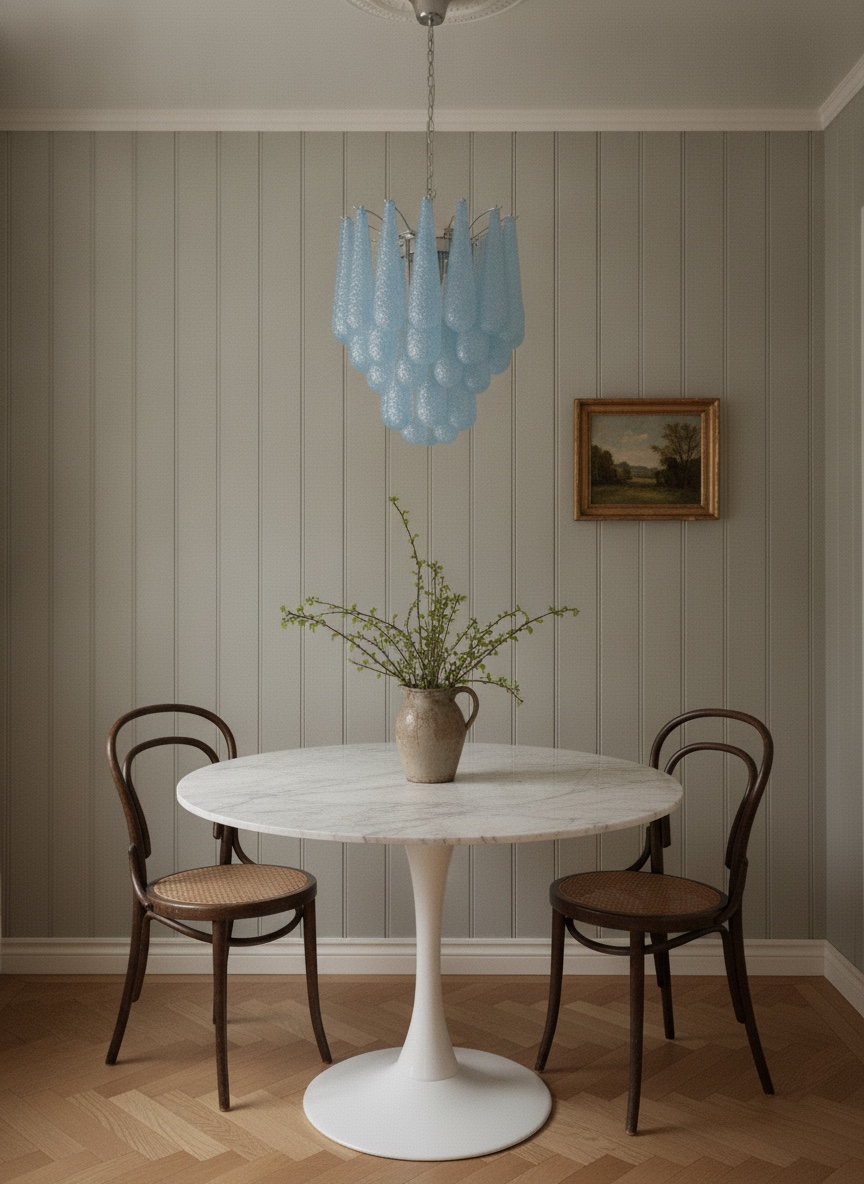 Handblown blue Murano drop chandelier over a dining table