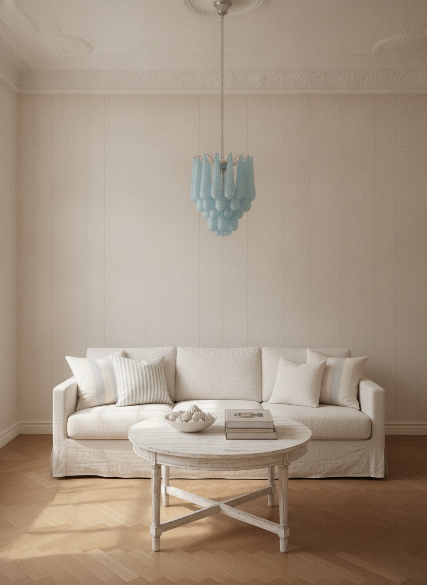 Handblown blue Murano drop chandelier in a Stockholm apartment living room