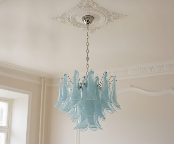 Handblown Blue Murano Petal Chandelier – 36 Glass Petals
