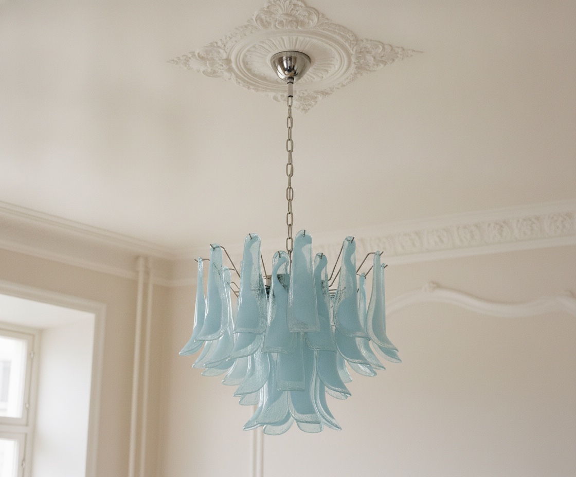Handblown Blue Murano Petal Chandelier – 36 Glass Petals
