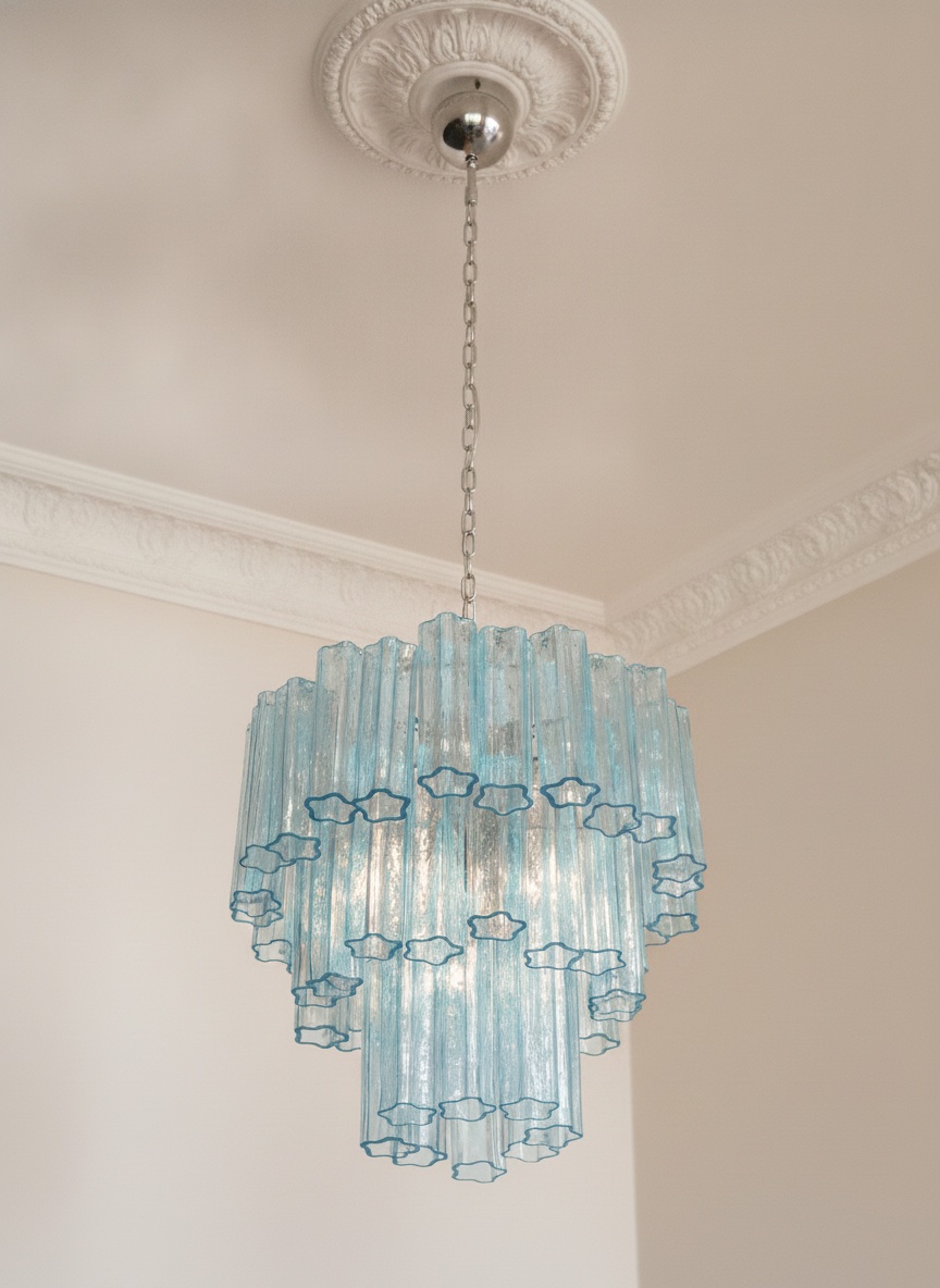Handblown blue Murano tubular chandelier, 48 prisms