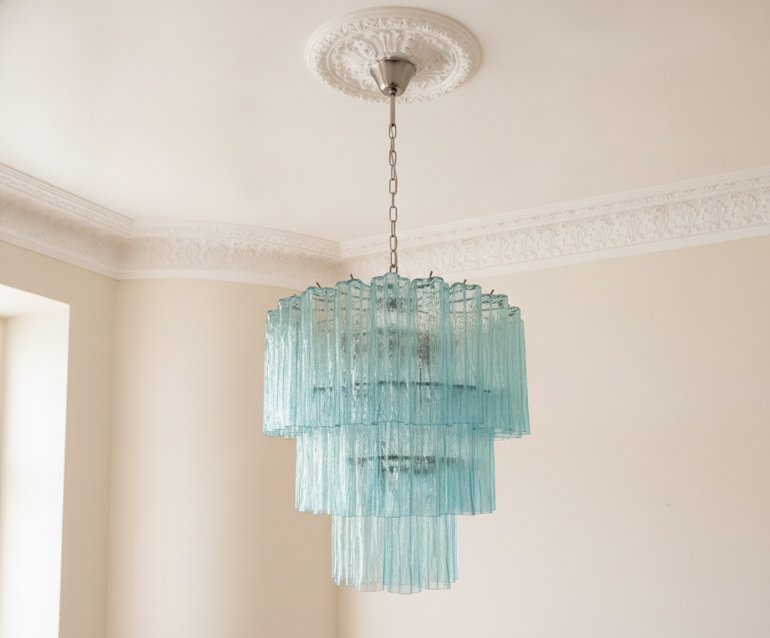 Blue Murano Tubular Chandelier – 52 Glass Prisms — handblown Murano glass, made to order in Italy