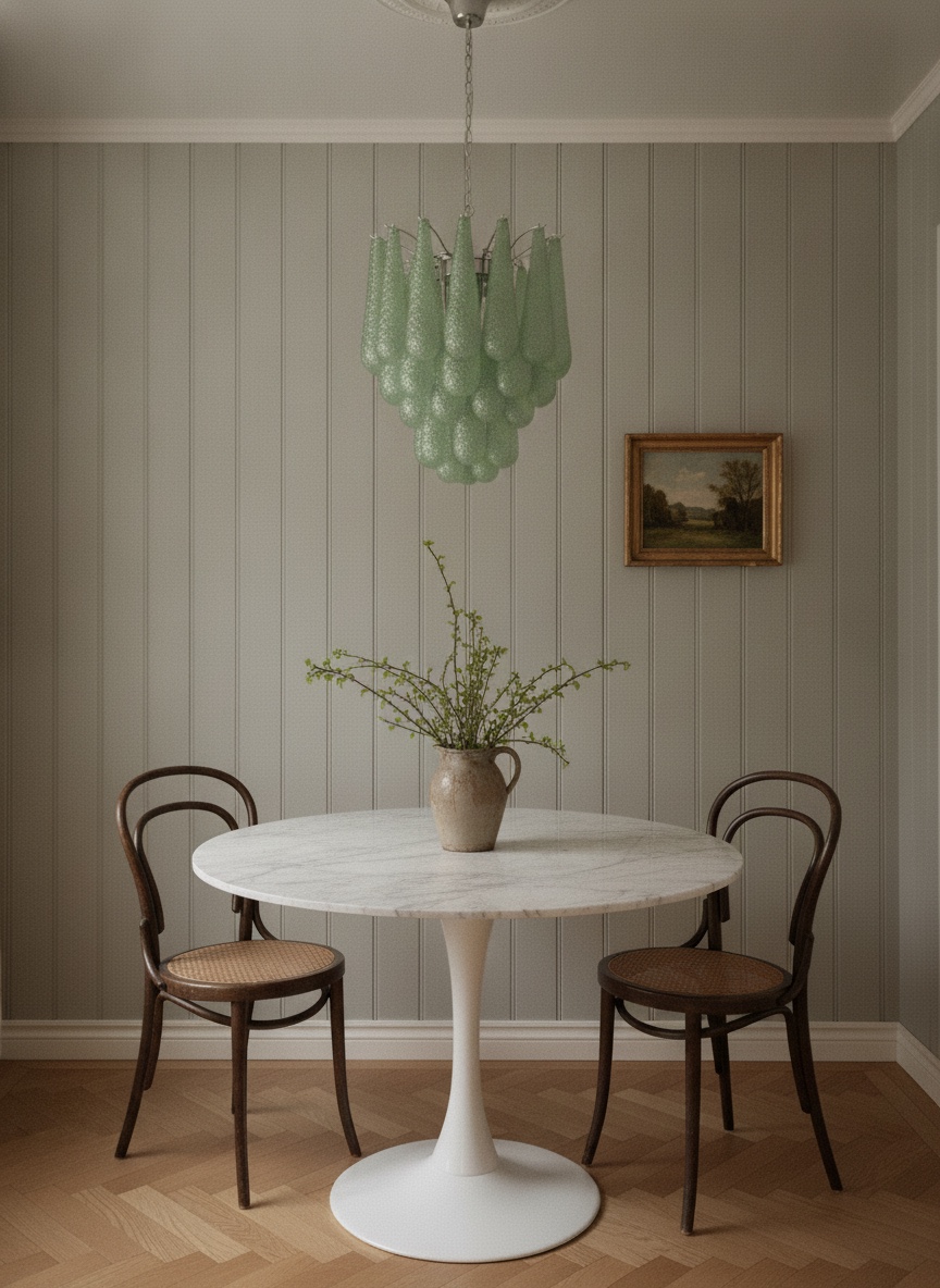 Handblown green Murano drop chandelier over a dining table