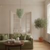 Handblown green Murano drop chandelier in a Stockholm apartment living room