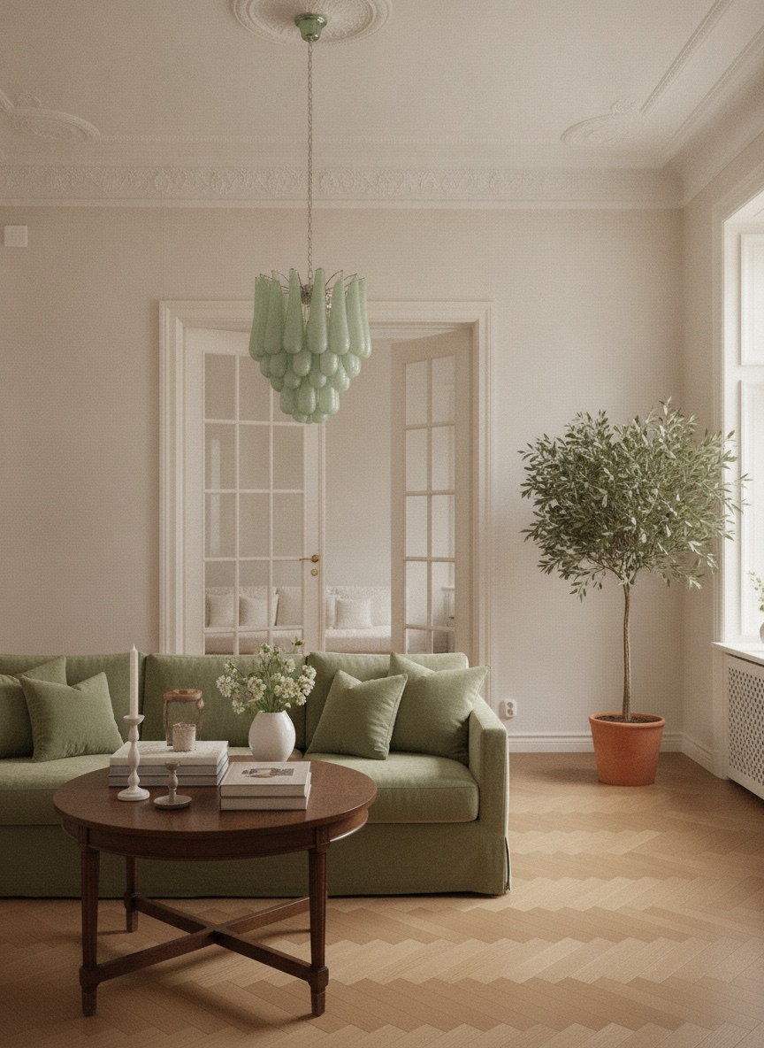Handblown green Murano drop chandelier in a Stockholm apartment living room