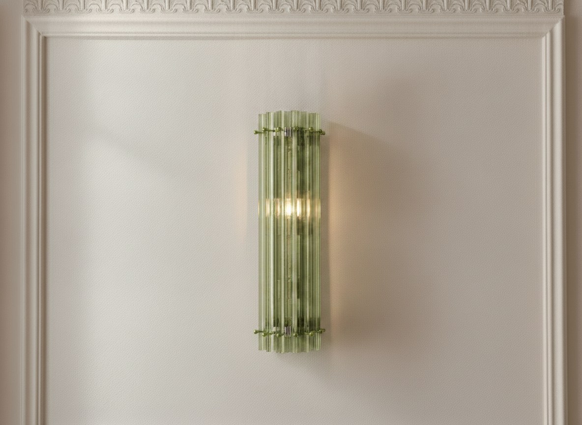 Green Murano triedri column wall sconce lit on a panelled wall in a Stockholm apartment