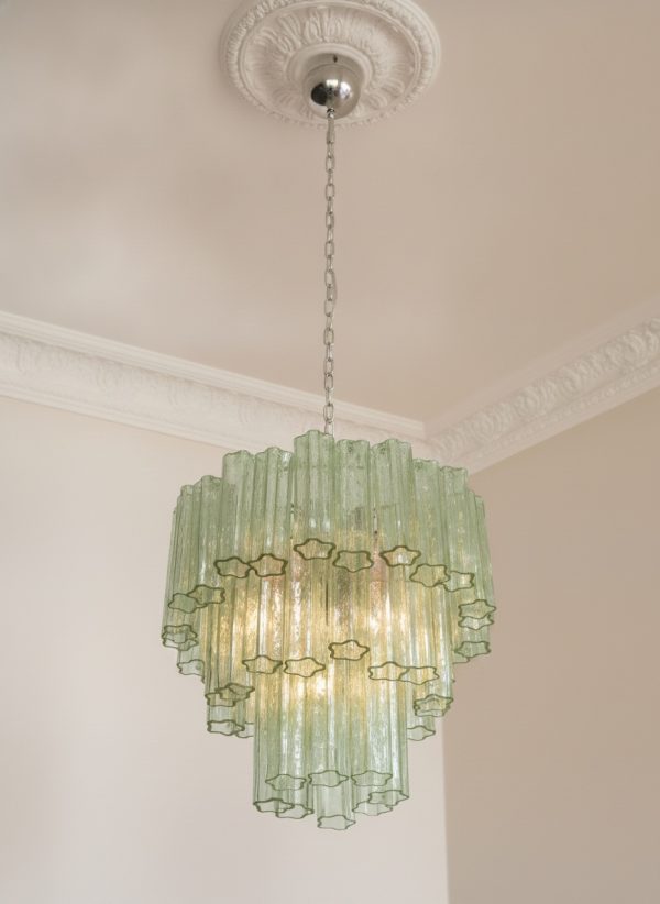 Handblown Green Murano Tubular Chandelier – 48 Glass Prisms