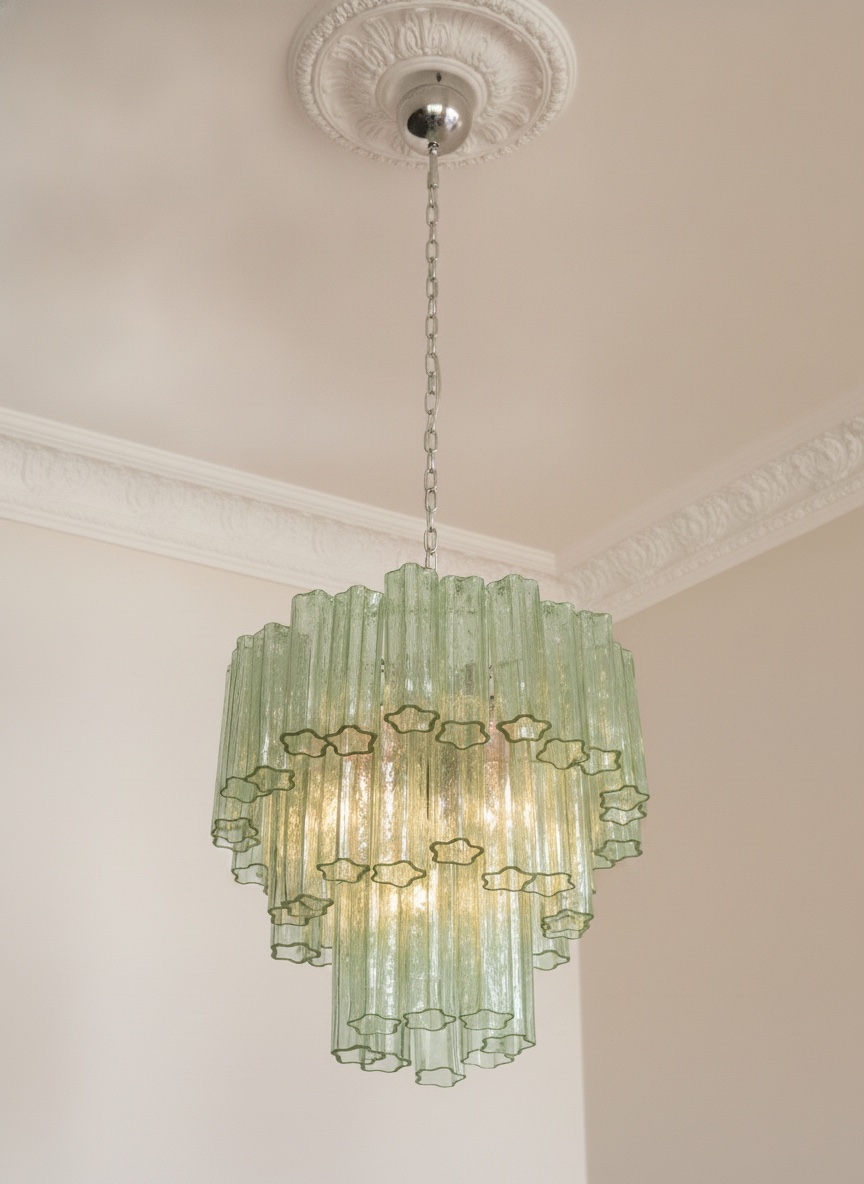 Handblown Green Murano Tubular Chandelier – 48 Glass Prisms