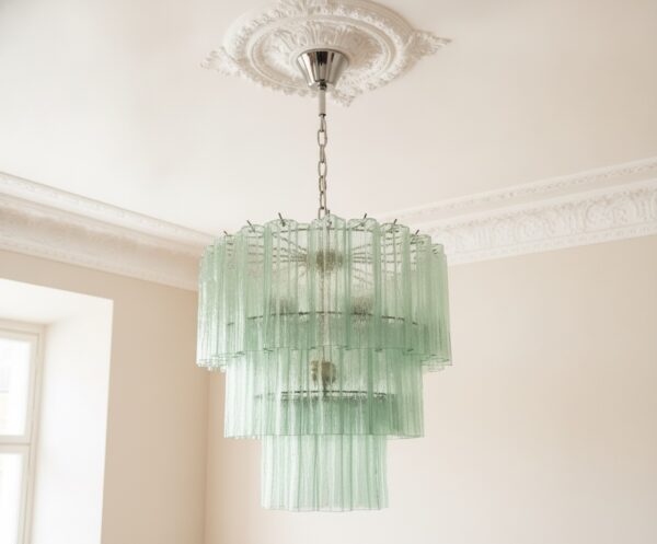 Green Murano Tubular Chandelier – 52 Glass Prisms — handblown Murano glass, made to order in Italy
